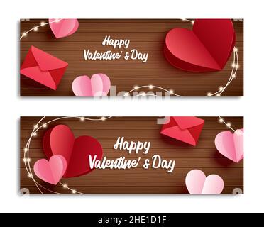 Valentine's day banner with heart on wooden background and typography of happy valentine's day text. Stock Vector