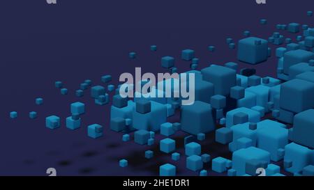 Blue matte cubes small and large on a dark purple background, abstract 3d render Stock Photo