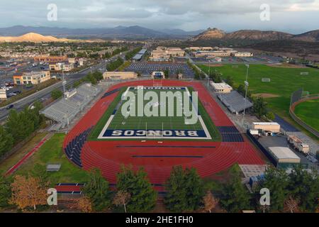 An aerial view of the football field and track at Vista Murrieta High School, Tuesday, Dec. 28, 2021, in Murrieta, Calif. Stock Photo