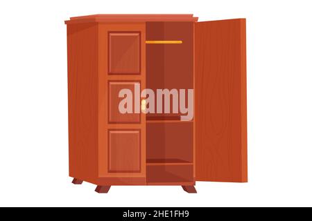 Wooden wardrobe empty furniture with shelf in cartoon style isolated on white background. Cupboard, drawer interior object. Vector illustration Stock Vector