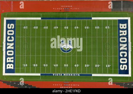 An aerial view of the football field at Vista Murrieta High School, Tuesday, Dec. 28, 2021, in Murrieta, Calif. Stock Photo