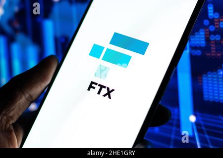 West Bangal, India - December 15, 2021 : FTX logo on phone screen stock image. Stock Photo