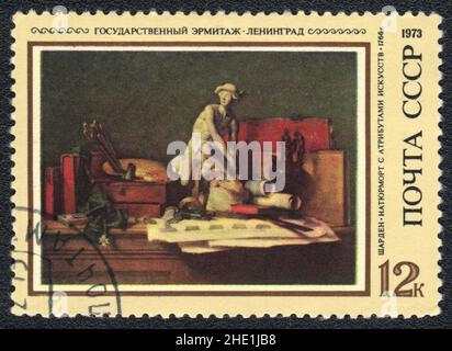 A stamp printed in USSR shows painting by Jean-Baptiste-Simeon Chardin. Still Life with Attributes of the Arts, circa 1973 Stock Photo