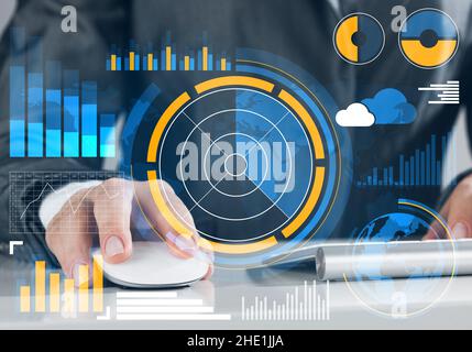 Analytics and innovation concept with close up of businesswoman working at computer Stock Photo