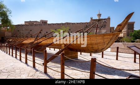 Dubai, UAE, 27.09.2021. Al Fahidi Boat - Wooden Rowing race boat which belonged to the Late Sheikh Maktoum bin Rashid Al Maktoum. Stock Photo