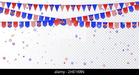 Australia flag garland transparent background with confetti from stars. Hang bunting for Australian independence Day. Celebration template banner. Vec Stock Vector