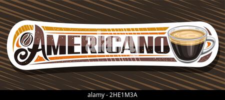 Vector banner for Americano Coffee, illustration of single glass cup with coffee drink and roast grain, white horizontal voucher with unique brush let Stock Vector