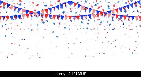 Australia flag garland, red white blue glossy confetti seamless pattern on white background. Hang bunting for Australian independence Day. Celebration Stock Vector