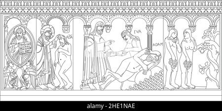 Romanesque bas-relief of the cathedral of Modena, Italy, cycle of genesis, outline vector illustration on the white background, Unesco World Heritage Stock Vector