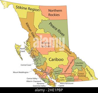 Pastel flat vector administrative map of Canadian province of BRITISH COLUMBIA, CANADA with black border lines and name tags of its regional districts Stock Vector