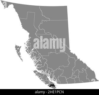 Black flat blank highlighted location map of the COWICHAN VALLEY regional district inside gray administrative map of the Canadian province of British Stock Vector