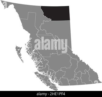 Black flat blank highlighted location map of the NORTHERN ROCKIES regional district inside gray administrative map of the Canadian province of British Stock Vector