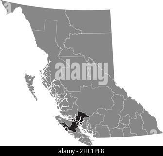 Black flat blank highlighted location map of the STRATHCONA regional district inside gray administrative map of the Canadian province of British Colum Stock Vector