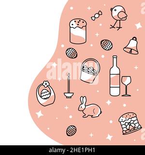 Vector illustration Happy Easter. Holiday. Surprise. Easter cake, decorated eggs in basket, chicken, wine, bell, candle, bunny. Festive background Stock Vector