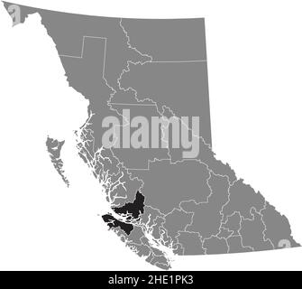 Black flat blank highlighted location map of the MOUNT WADDINGTON regional district inside gray administrative map of the Canadian province of British Stock Vector