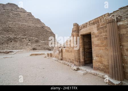 The entrance to one of the temple ruins at the Saqqara necropolis complex in Egypt. Stock Photo