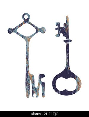 Old vintage key set, isolated, white background. Hand drawing doodle, tracing. Vector illustration Stock Vector