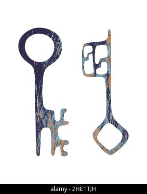 Old vintage key set, isolated, white background. Hand drawing doodle, tracing. Vector illustration Stock Vector