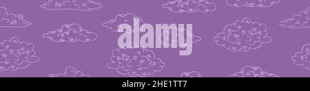 Doodle sky background. Seamless pattern with hand drawn clouds on purple background. Vector illustration. Stock Vector