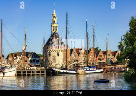 Historical Hoofdtoren tower in the harbor of Hoorn town, North Holland, Netherlands Stock Photo