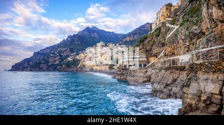 Panoramic view of Positano village on the rocky Amalfi coast, Mediterranean sea, Naples, south Italy Stock Photo