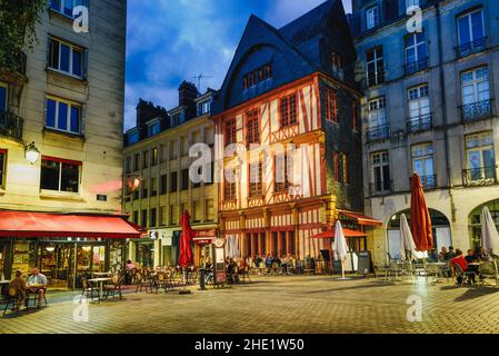 Nantes, France - 14 July 2021: Street cafes in the Old town of Nantes city at night, France Stock Photo