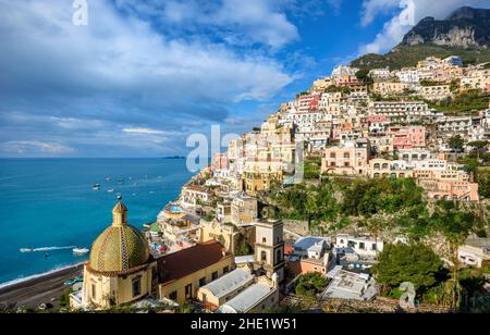 Positano; a colorful town perched on a steep mountain slope on mediterranean Amalfi coast; Sorrento; Italy Stock Photo