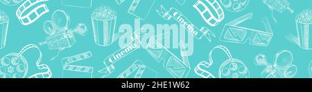 Vintage cinema sketchy seamless pattern. Retro film background. Vector illustration. Stock Vector