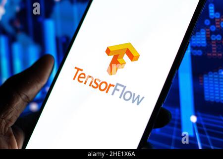 West Bangal, India - January 7, 2022 : TensorFlow logo on phone screen stock image. Stock Photo