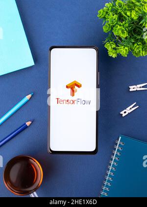West Bangal, India - January 7, 2022 : TensorFlow logo on phone screen stock image. Stock Photo