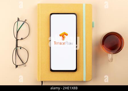 West Bangal, India - January 7, 2022 : TensorFlow logo on phone screen stock image. Stock Photo