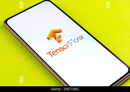 West Bangal, India - January 7, 2022 : TensorFlow logo on phone screen stock image. Stock Photo