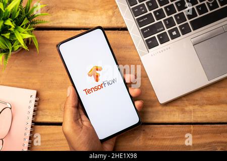 West Bangal, India - January 7, 2022 : TensorFlow logo on phone screen stock image. Stock Photo