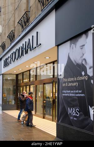 Bristol, UK. 8th Jan, 2022. After trading in the Broadmead shopping district since 1952, the Marks and Spencer store and food hall closes today. A company spokesman has said “shopping habits are changing” so the company is reviewing how best to serve its customers. Other M&S stores in the Bristol area are unaffected. Credit: JMF News/Alamy Live News Stock Photo