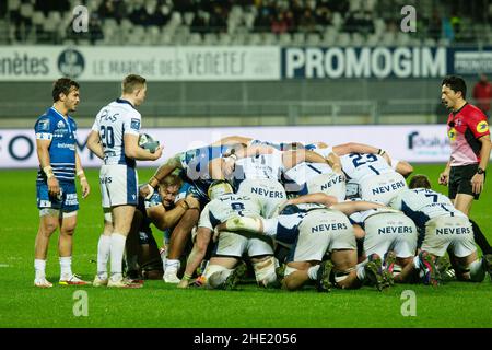 Scrum for Guillaume Manevy of Nevers during the French championship Pro D2 rugby union match between RC Vannes and USON Nevers on January 7, 2022 at La Rabine stadium in Vannes, France - Photo Damien Kilani / DK Prod / DPPI Stock Photo