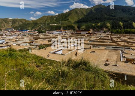 View of Xiahe town with Labrang monastery, Gansu province, China Stock Photo