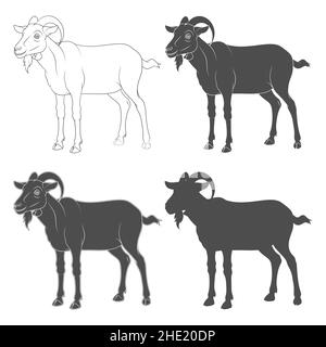 Set of black and white illustrations with a goat. Isolated vector objects on a white background. Stock Vector