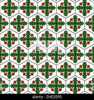 Seamless pattern with hexagons and abstract mistletoe sprigs. Vector festive background. Stock Vector
