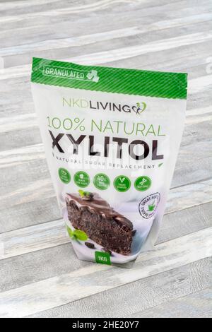 Plastic packet of the natural sucrose sugar alternative Xylitol. Used by weight watchers, diabetics, for healthier lifestyles, and keto diets. Stock Photo