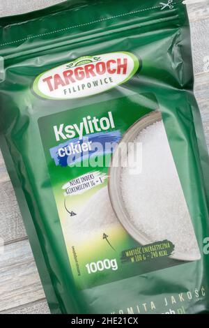 Plastic packet of the natural sucrose sugar alternative Xylitol. Used by weight watchers, diabetics & those looking for healthier lifestyle. Stock Photo
