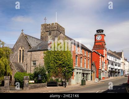 UK, Wales, Pembrokeshire, Pembroke, Main Street, Clock House and St Mary’s Church Stock Photo