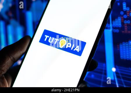 West Bangal, India - January 7, 2022 : Tutopia logo on phone screen stock image. Stock Photo