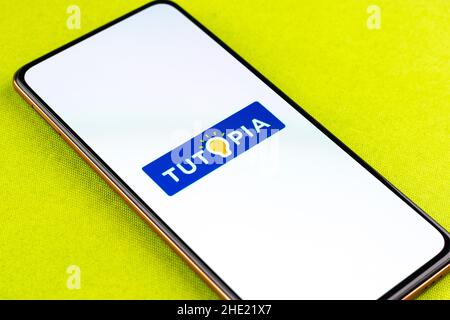 West Bangal, India - January 7, 2022 : Tutopia logo on phone screen stock image. Stock Photo