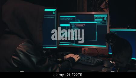 Hacker in a hood sits in front of computer screens and hacks databases Stock Photo