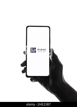 West Bangal, India - December 15, 2021 : Vested logo on phone screen stock image. Stock Photo