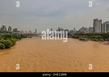 View of Yellow river Huang He in Lanzhou, Gansu Province, China Stock Photo