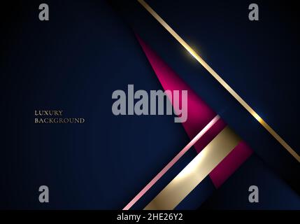 Abstract 3D blue and golden stripes triangles shapes with shiny gold tab lighting effect on dark blue background template luxury style. Vector illustr Stock Vector