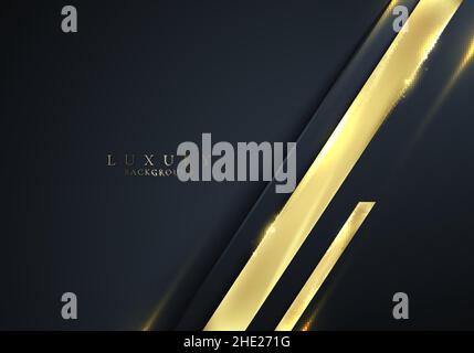 Elegant 3D abstract blue stripes shapes with lighting shiny golden diagonal lines on dark blue background template luxury style. Vector illustration Stock Vector