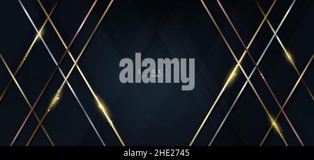 Elegant abstract 3D golden lines lighting with dark blue triangles shapes overlapping background. Luxury style. Vector graphic illustration Stock Vector