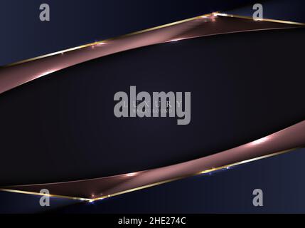 Abstract 3D modern template luxury style blue and copper stripes with golden lines and lighting sparkles decoration design on dark background. Vector Stock Vector